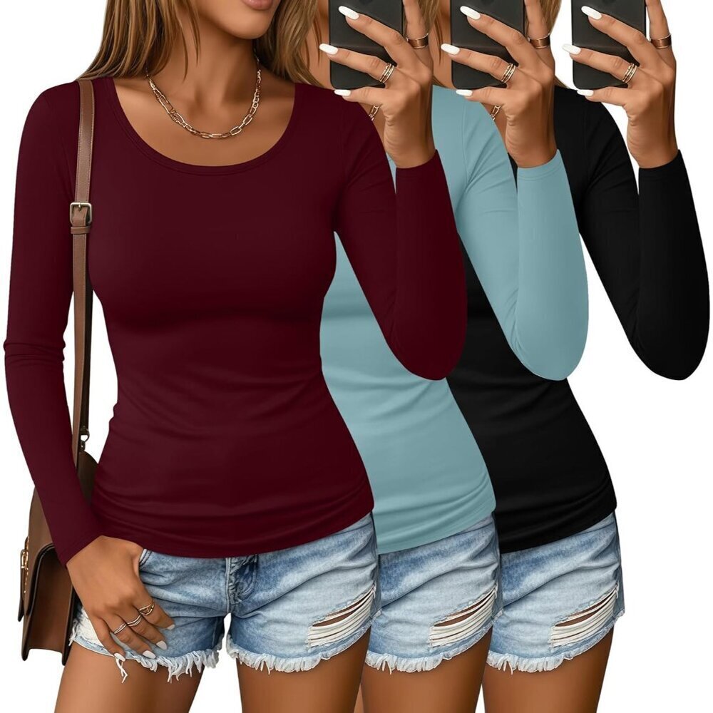 Women's Cotton Long Sleeve Shirts 3 Pack Slim Fit Casual Layer Tops